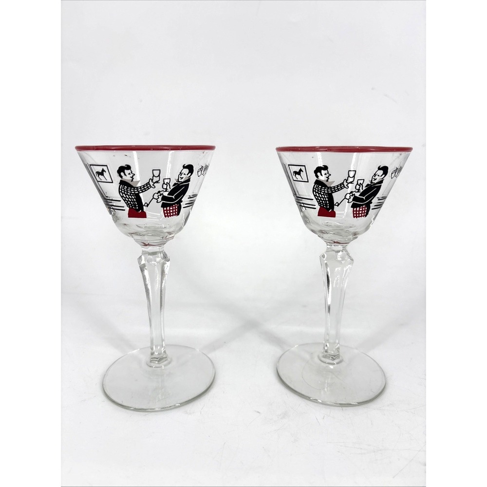 Vintage MCM Libbey Pickwick Dickens Merrymakers Martini Cordials Set of 2
